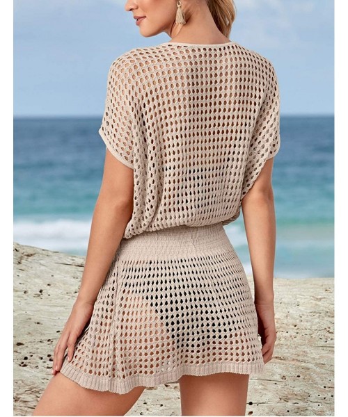 Cover-Ups Women Casual Bikini Swimsuit Cover Up Blouses Beach Tunic Dress One Size - Hollow Out Apricot - CK18RRSEH3D