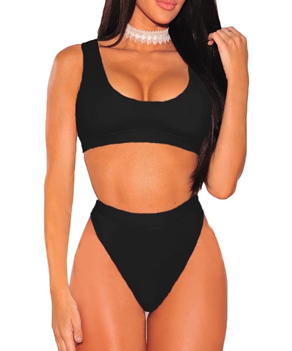 Sets Bisting Women's Sporty Scoop Neck High Waist Bikini Set Crop Top Bathing Suit - Black - CO18EM4HADY