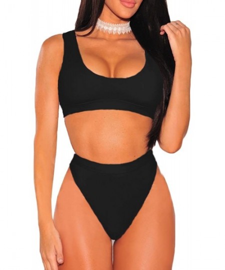 Sets Bisting Women's Sporty Scoop Neck High Waist Bikini Set Crop Top Bathing Suit - Black - CO18EM4HADY