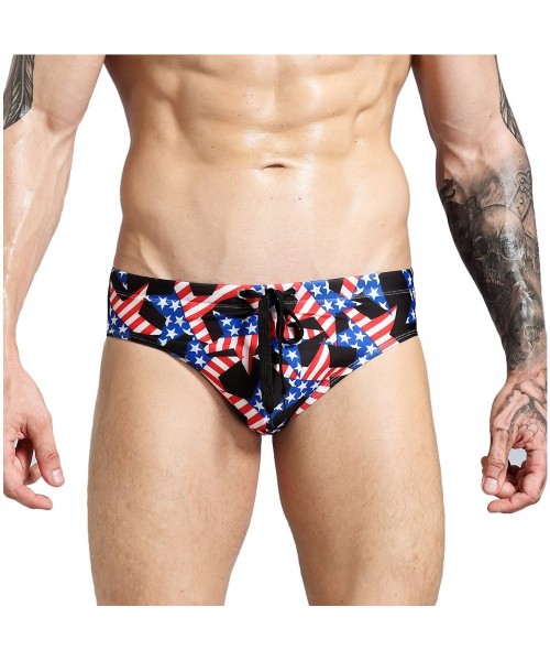 Briefs Men's USA Flag Swimwear Low Rise Swim Briefs Beach Swimsuit - Black - CF18CHWCAG4