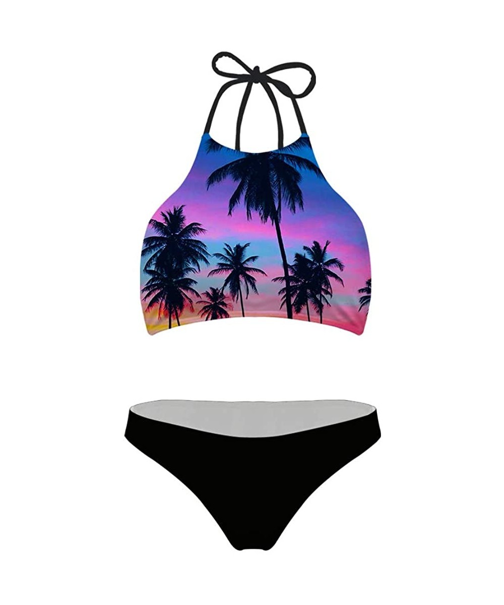 Sets Women Tropical Leaf 3D Print Tie Halter Padding Bikini 2 Piece Swimsuit - Palm Tree 1 - C219650KCSL