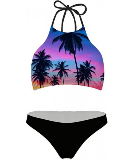 Sets Women Tropical Leaf 3D Print Tie Halter Padding Bikini 2 Piece Swimsuit - Palm Tree 1 - C219650KCSL