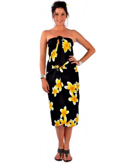 Cover-Ups 1 World Sarongs Womens Plus Size Fringeless Floral/Flower Sarong - Black / Yellow - CT11KCMEWNJ