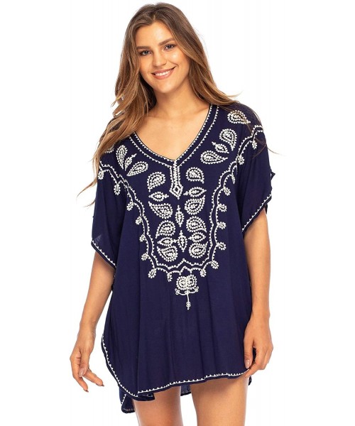 Cover-Ups Womens Swimsuit Cover Up Bathing Suit Bikini Swimwear Cover Embroidered Boho Beach Tunic - Navy - CO19422RU7C