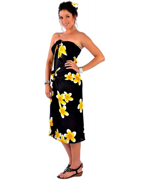 Cover-Ups 1 World Sarongs Womens Plus Size Fringeless Floral/Flower Sarong - Black / Yellow - CT11KCMEWNJ