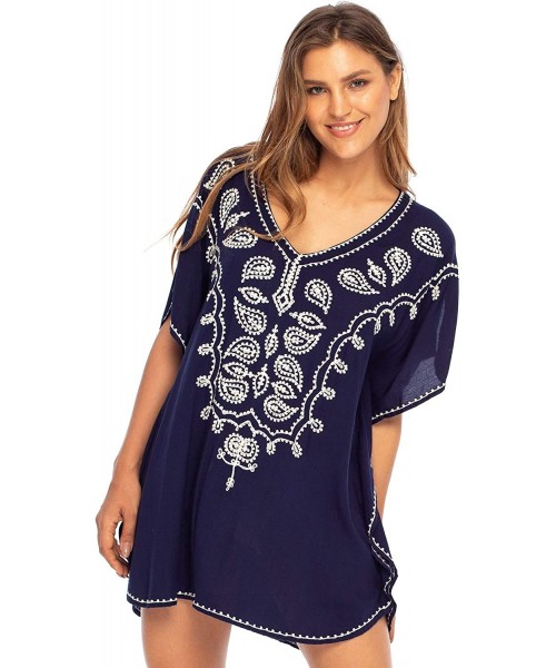 Cover-Ups Womens Swimsuit Cover Up Bathing Suit Bikini Swimwear Cover Embroidered Boho Beach Tunic - Navy - CO19422RU7C