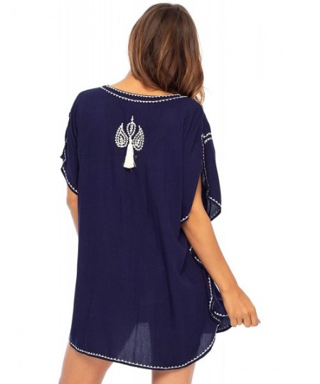 Cover-Ups Womens Swimsuit Cover Up Bathing Suit Bikini Swimwear Cover Embroidered Boho Beach Tunic - Navy - CO19422RU7C