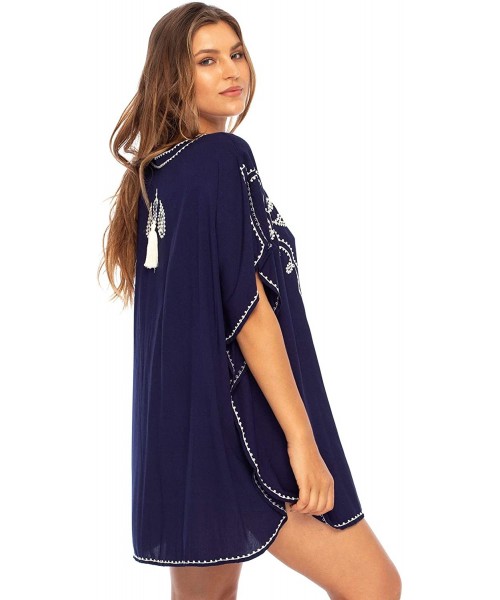 Cover-Ups Womens Swimsuit Cover Up Bathing Suit Bikini Swimwear Cover Embroidered Boho Beach Tunic - Navy - CO19422RU7C