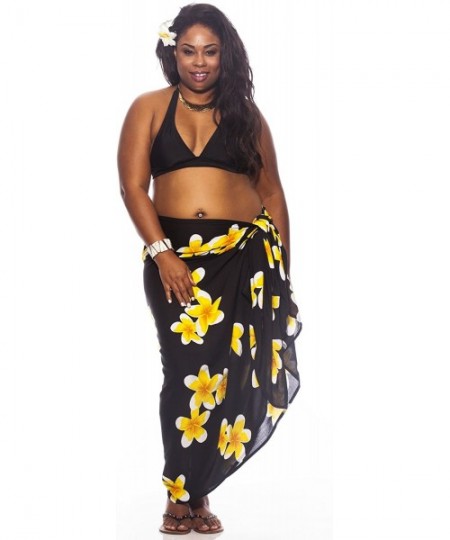 Cover-Ups 1 World Sarongs Womens Plus Size Fringeless Floral/Flower Sarong - Black / Yellow - CT11KCMEWNJ