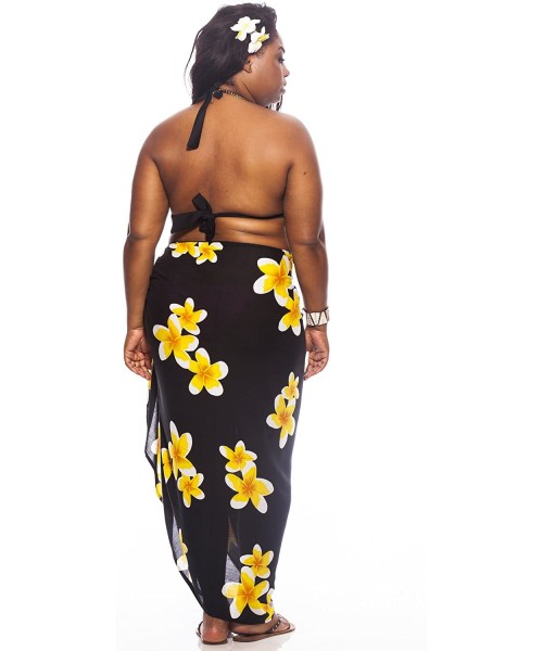 Cover-Ups 1 World Sarongs Womens Plus Size Fringeless Floral/Flower Sarong - Black / Yellow - CT11KCMEWNJ