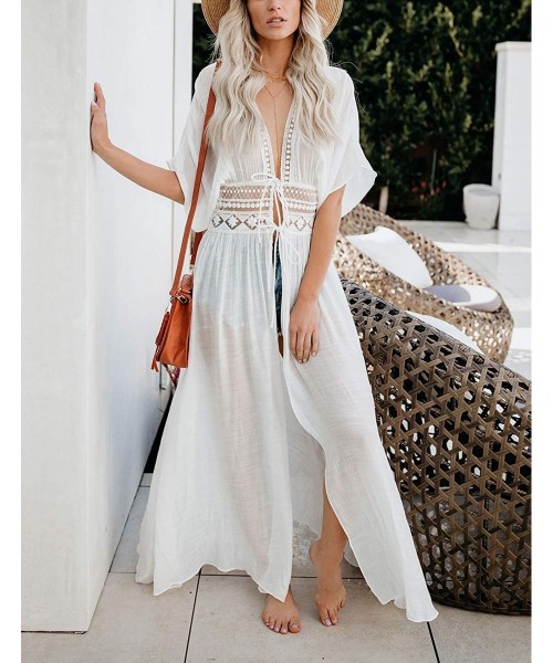 Cover-Ups Women Sexy Print Open Front Kimono Cardigan Loose Beach Cover Up Dress - White-4 - C418MG0K00A