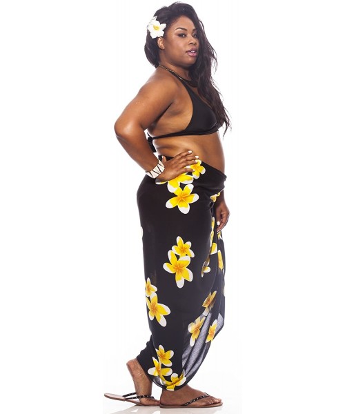 Cover-Ups 1 World Sarongs Womens Plus Size Fringeless Floral/Flower Sarong - Black / Yellow - CT11KCMEWNJ