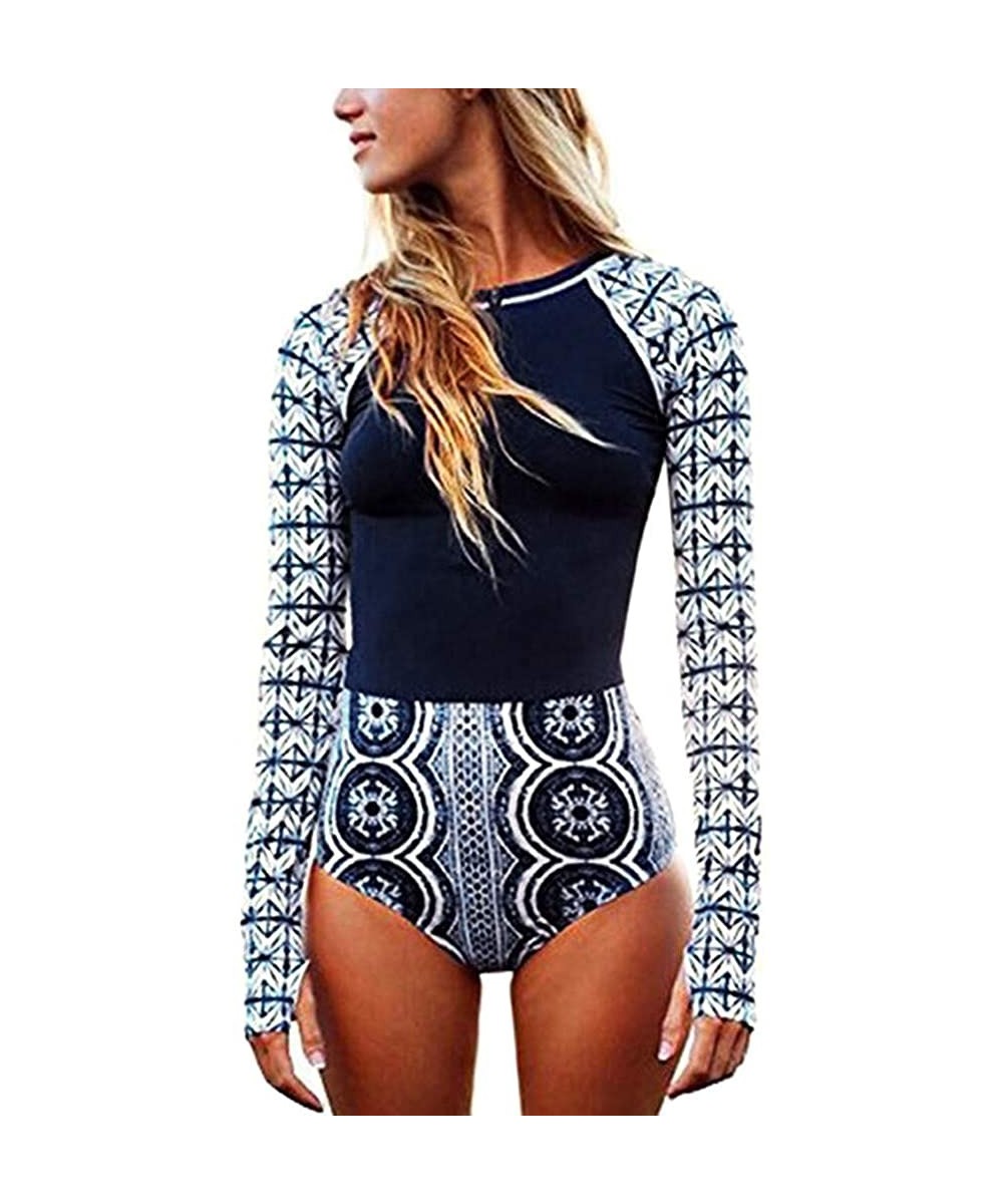 One-Pieces Women Long Sleeve Rash Guard UV Protection Printed Zipper Surfing One Piece Swimsuit Bathing Suit - Blue - CO18Q0W...