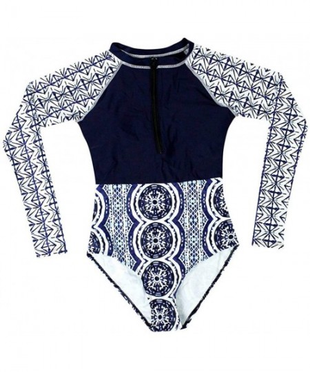 One-Pieces Women Long Sleeve Rash Guard UV Protection Printed Zipper Surfing One Piece Swimsuit Bathing Suit - Blue - CO18Q0W...