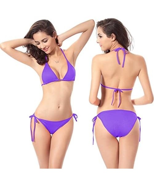 Sets Women's String Two Piece Halter Top Triangle Bikini Set Tie Side Bottom Sexy Swimsuit Bathing Suits - Purple - CJ194G2MHA4