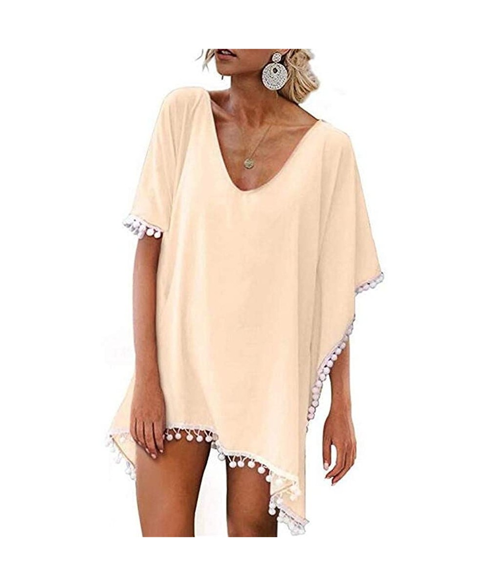 Cover-Ups Beach Coverups for Women- Pom Pom Trim Kaftan Chiffon Swimsuit Cover Up - Beige - CY18ELC930G