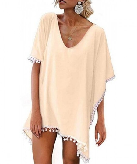 Cover-Ups Beach Coverups for Women- Pom Pom Trim Kaftan Chiffon Swimsuit Cover Up - Beige - CY18ELC930G