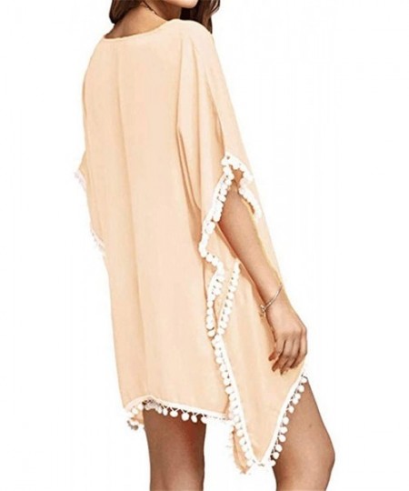 Cover-Ups Beach Coverups for Women- Pom Pom Trim Kaftan Chiffon Swimsuit Cover Up - Beige - CY18ELC930G