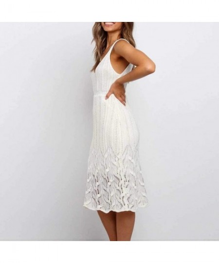 Cover-Ups Crochet Knitted Beach Cover Up Sexy Lace Eyelet Tank Midi Summer Dress for Women - White - C5196WODNZH