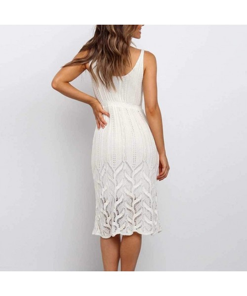 Cover-Ups Crochet Knitted Beach Cover Up Sexy Lace Eyelet Tank Midi Summer Dress for Women - White - C5196WODNZH