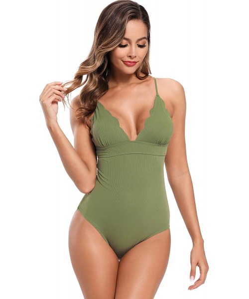 One-Pieces Women's Scalloped Trim One Piece Swimsuits Triangle Bathing Suit - Light Bean Green - C819734CZQM