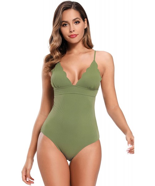 One-Pieces Women's Scalloped Trim One Piece Swimsuits Triangle Bathing Suit - Light Bean Green - C819734CZQM