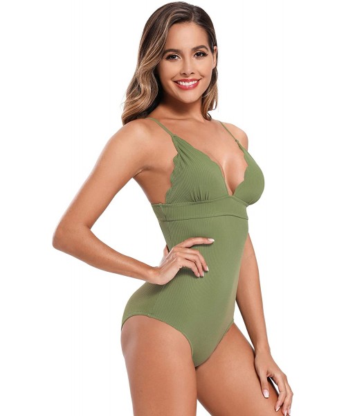 One-Pieces Women's Scalloped Trim One Piece Swimsuits Triangle Bathing Suit - Light Bean Green - C819734CZQM