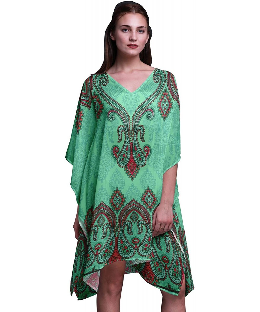 Cover-Ups Green Floral & Paisley Beach Kaftan Bikini Cover up Women Midi Dress Short Caftan - Mint Green - C118NT9KYSD