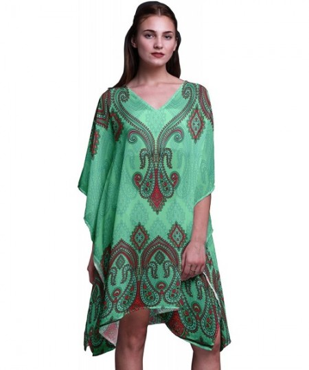 Cover-Ups Green Floral & Paisley Beach Kaftan Bikini Cover up Women Midi Dress Short Caftan - Mint Green - C118NT9KYSD