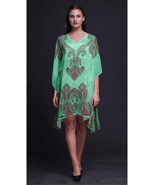 Cover-Ups Green Floral & Paisley Beach Kaftan Bikini Cover up Women Midi Dress Short Caftan - Mint Green - C118NT9KYSD