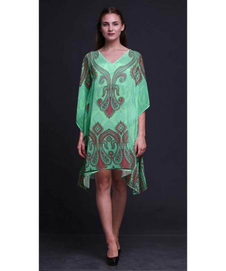 Cover-Ups Green Floral & Paisley Beach Kaftan Bikini Cover up Women Midi Dress Short Caftan - Mint Green - C118NT9KYSD