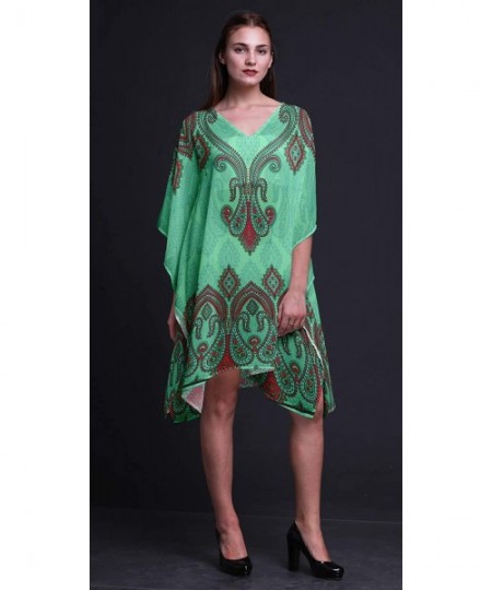 Cover-Ups Green Floral & Paisley Beach Kaftan Bikini Cover up Women Midi Dress Short Caftan - Mint Green - C118NT9KYSD