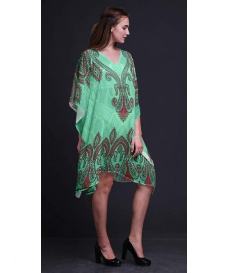 Cover-Ups Green Floral & Paisley Beach Kaftan Bikini Cover up Women Midi Dress Short Caftan - Mint Green - C118NT9KYSD