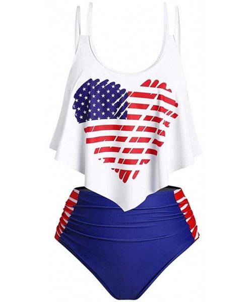 Racing Women's Tankini Set Swimwear American Flag Swimsuit Two Piece Tummy Control Shorts Beachwear Bathing Suit - Navy - C61...