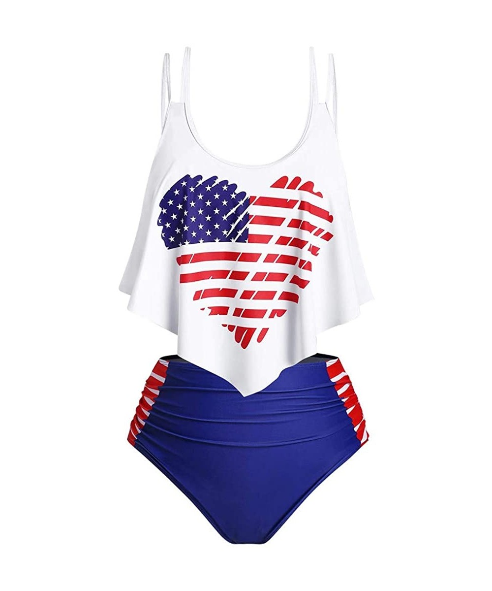 Racing Women's Tankini Set Swimwear American Flag Swimsuit Two Piece Tummy Control Shorts Beachwear Bathing Suit - Navy - C61...