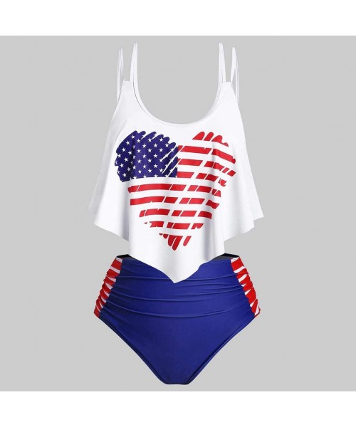 Racing Women's Tankini Set Swimwear American Flag Swimsuit Two Piece Tummy Control Shorts Beachwear Bathing Suit - Navy - C61...