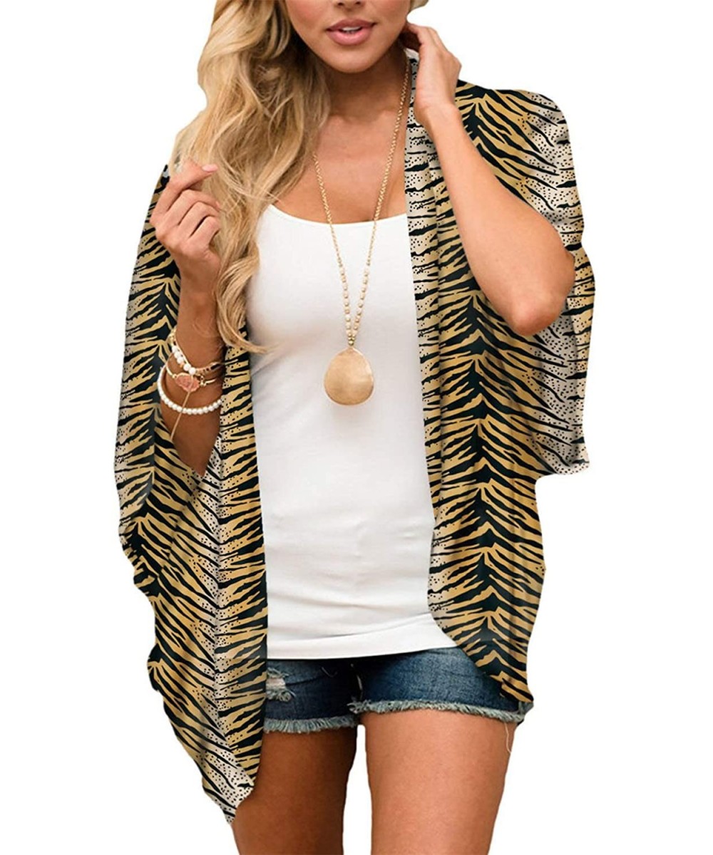 Cover-Ups Women's Batwing Sleeve Floral Chiffon Cardigan Kimono Beachwear Cover Up - Coffeestripe9023 - CF198GZEQZI