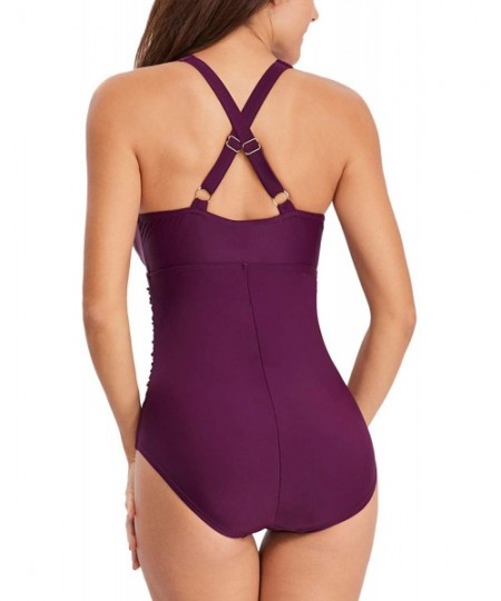 One-Pieces Women's Vintage V-Neck One Piece Swimsuit Ruched Tummy Control Bathing Suits - Purple - CR18OU8ZA75