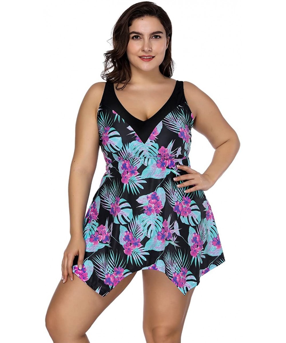 Cover-Ups Women's Plus Size Floral Swimdress High Waist Tankini Set V Neck Swimwear - Green - C918C3XHLOD