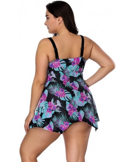 Cover-Ups Women's Plus Size Floral Swimdress High Waist Tankini Set V Neck Swimwear - Green - C918C3XHLOD