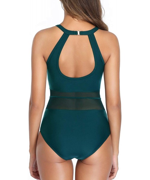 One-Pieces Women Mesh One Piece Swimsuit Tummy Control High Neck Sexy Cutout Bathing Suit Swimwear - Pine Green - CD193EDQGIS