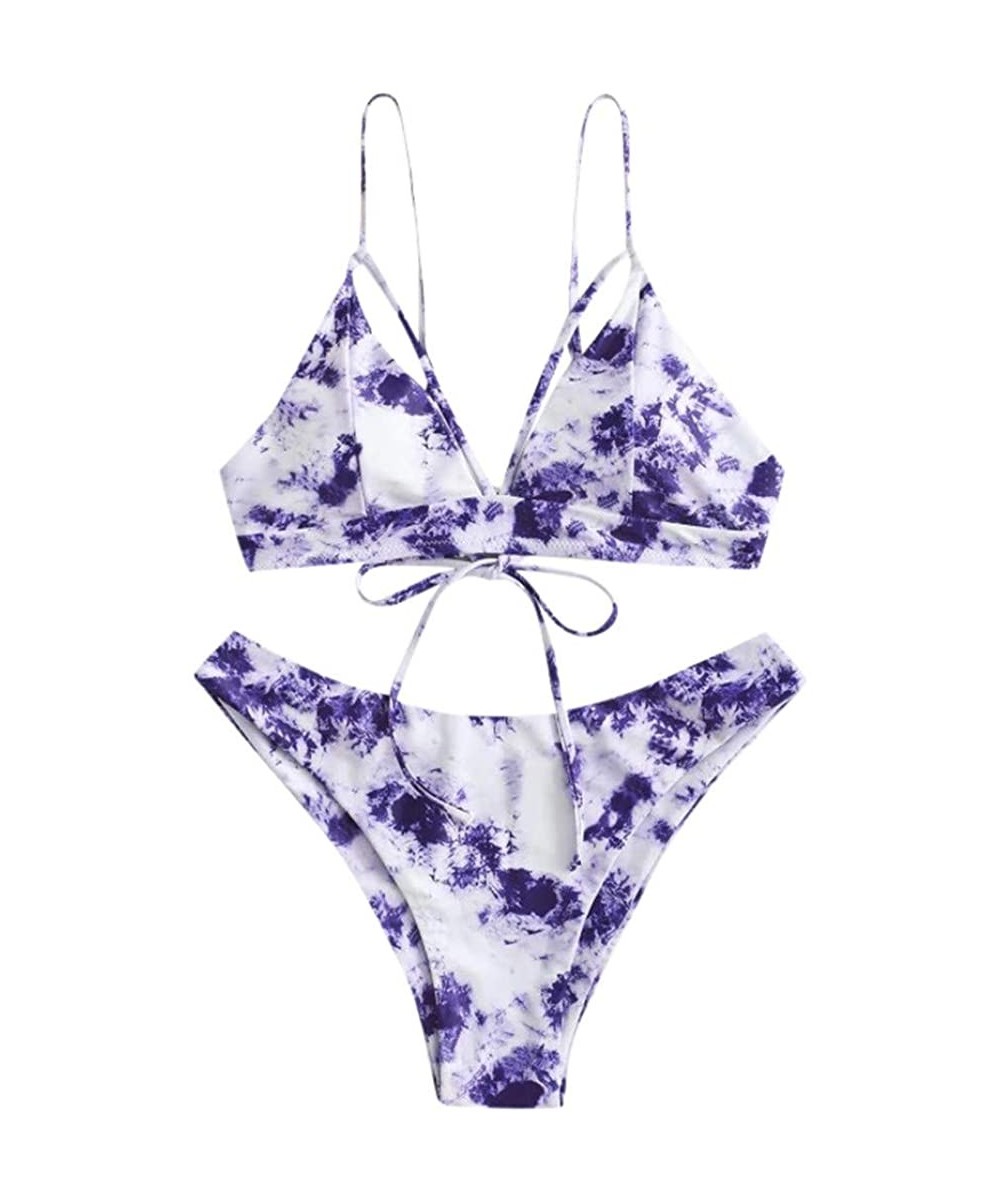 Sets Tie Dye Bikini Sets for Women Fashion 2020 Summer Lace Up High Cut Leg Halter Two Piece Swimsuit Bathing Suit Purple - C...