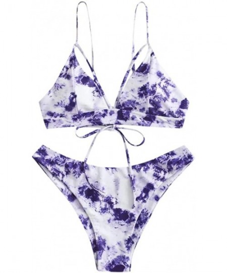 Sets Tie Dye Bikini Sets for Women Fashion 2020 Summer Lace Up High Cut Leg Halter Two Piece Swimsuit Bathing Suit Purple - C...