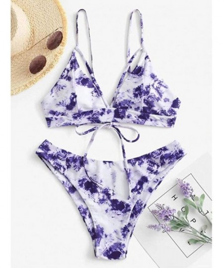 Sets Tie Dye Bikini Sets for Women Fashion 2020 Summer Lace Up High Cut Leg Halter Two Piece Swimsuit Bathing Suit Purple - C...