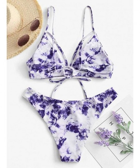 Sets Tie Dye Bikini Sets for Women Fashion 2020 Summer Lace Up High Cut Leg Halter Two Piece Swimsuit Bathing Suit Purple - C...