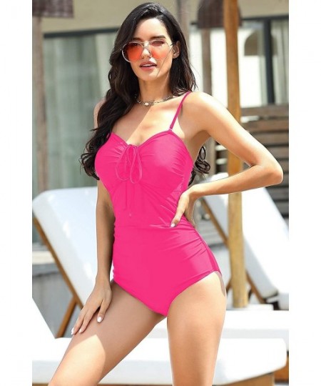 One-Pieces Women One Piece Tummy Control Swimsuit Vintage Padded Strapless Bathing Suit Ruched Swimwear - Rose - CY19E9AS6DZ