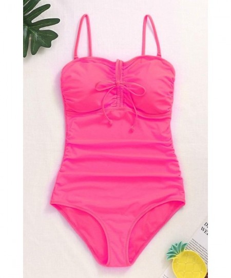 One-Pieces Women One Piece Tummy Control Swimsuit Vintage Padded Strapless Bathing Suit Ruched Swimwear - Rose - CY19E9AS6DZ