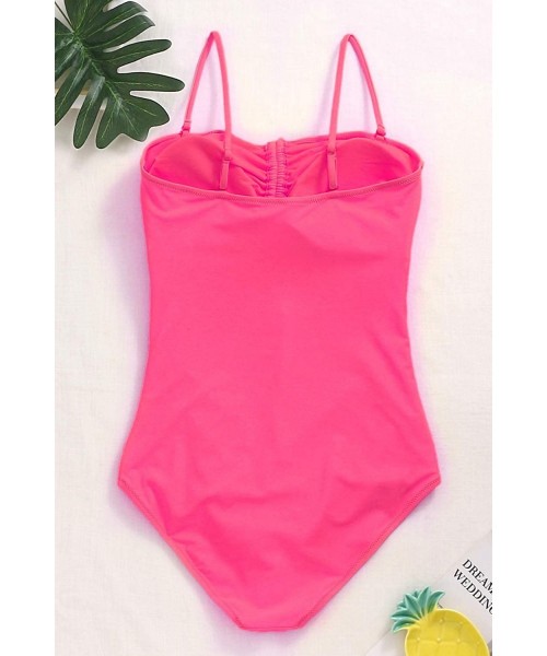 One-Pieces Women One Piece Tummy Control Swimsuit Vintage Padded Strapless Bathing Suit Ruched Swimwear - Rose - CY19E9AS6DZ