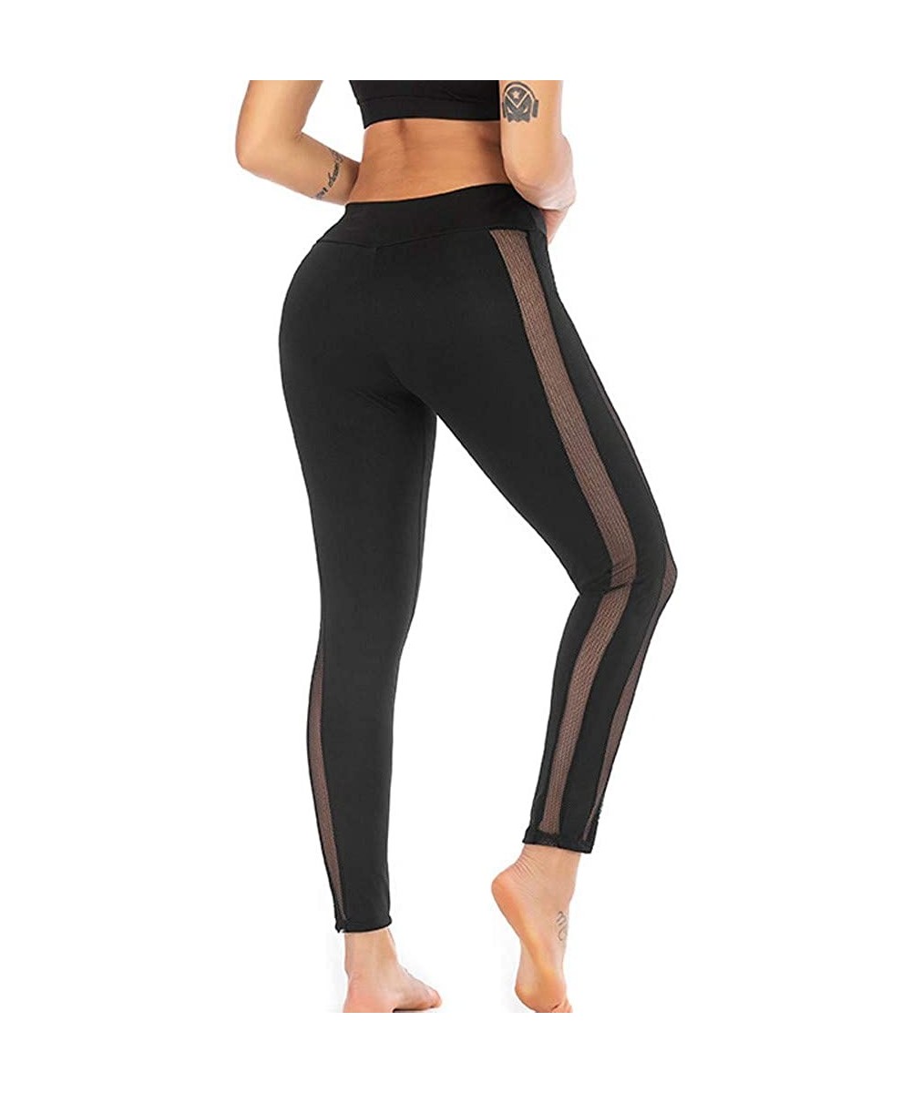 Rash Guards Women's Mesh Workout Leggings High Waisted Tummy Control Striped Patchwork Yoga Pants Gym Tights - Black - C018AA...