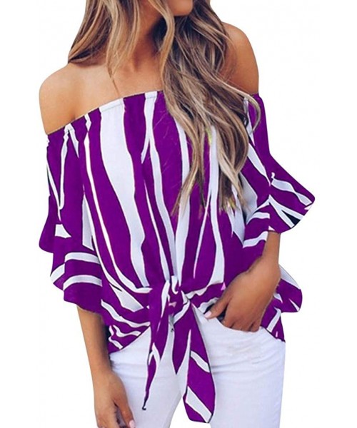 Tankinis Off Shoulder Blouses for Womens- Floral Stripe Bell Sleeve Baggy Tie Knot Tops Casual Shirts - Purple - C818MH5Z40X